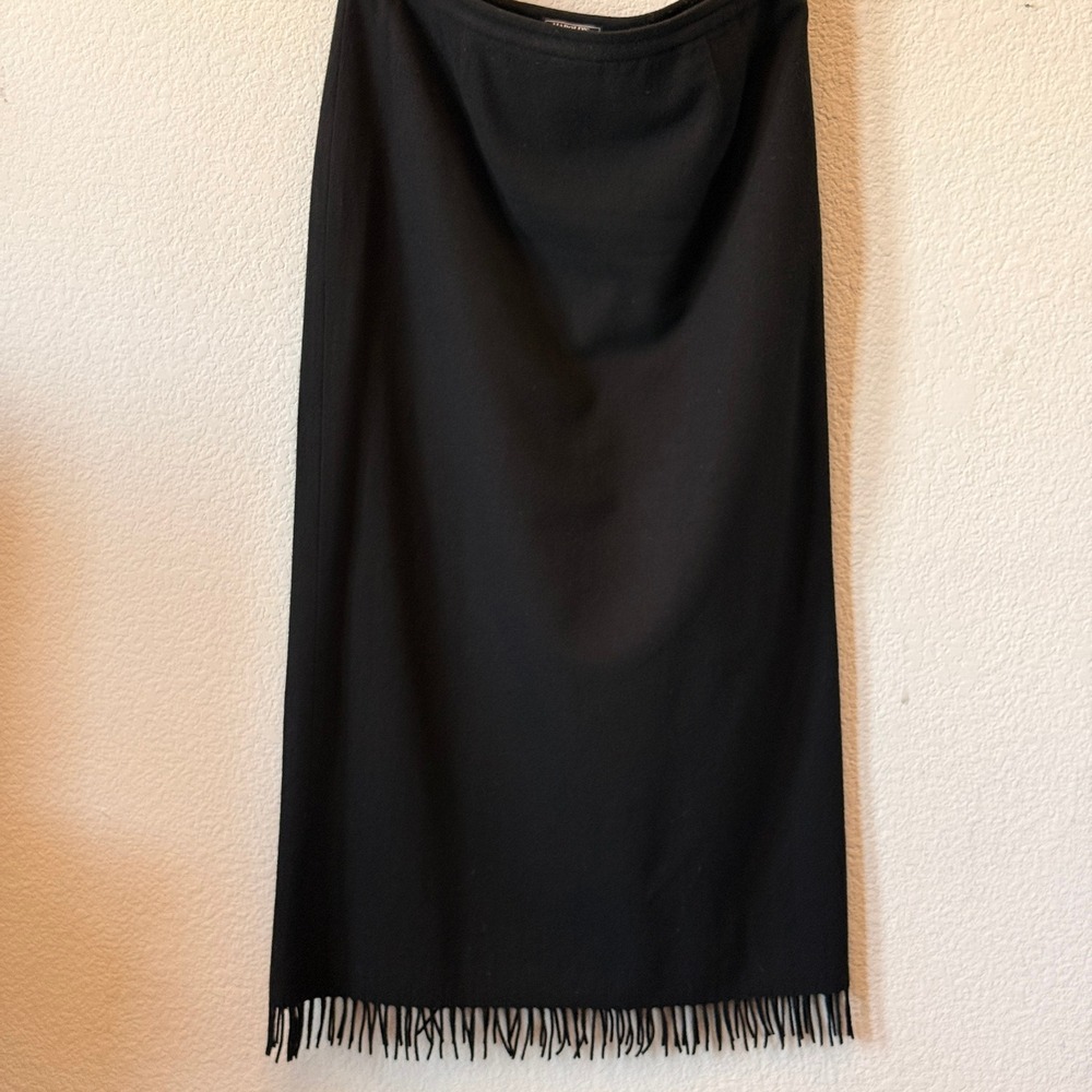 VTG Harold's Skirt Wool Blend Fringe Hem Womens Black 14 Midi Side Slit